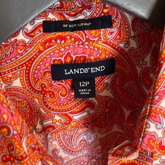 Lands End Paisley Button Down Shirt Size 12 P. Red/Orange - Picture 2 of 9